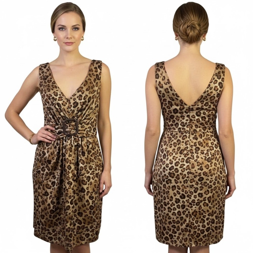 Sheath Dress Women Brown Leopard Print Gathered Buckle Front Sleeveless V Neck S